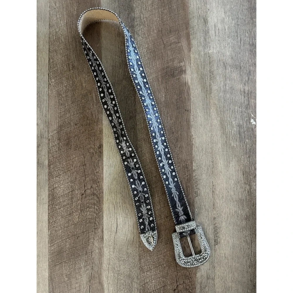 Women's Black Western Rhinestone Studded Belt Floral Embossed Silver Buckle